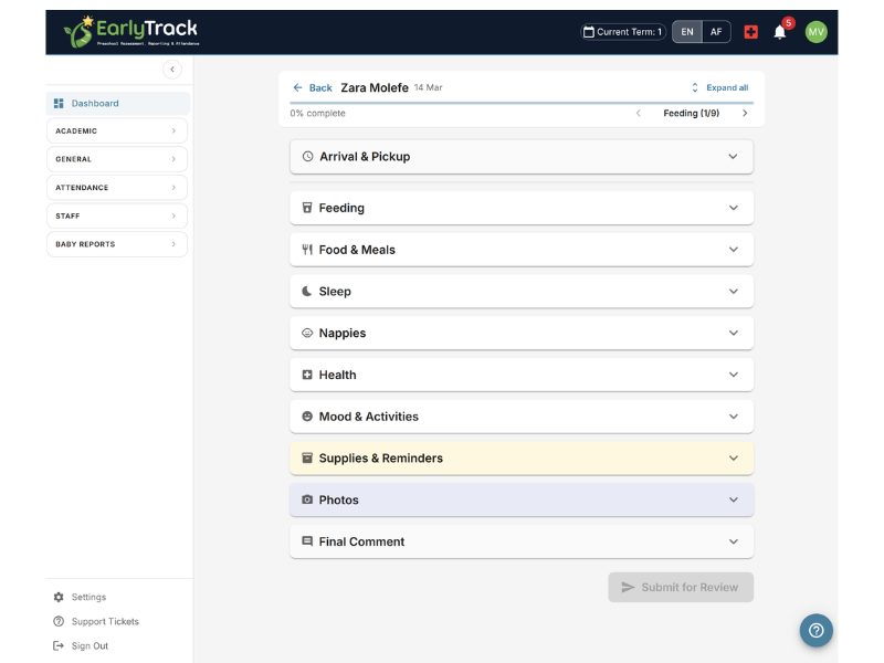 EarlyTrack baby daily report showing feeds, naps, nappies and mood for a nursery school baby class, shared with parents