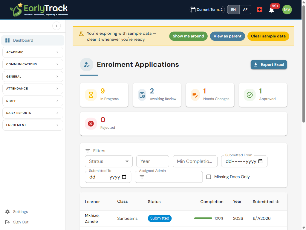 EarlyTrack digital enrolment dashboard showing online application review, document tracking, and approval status for South African preschools