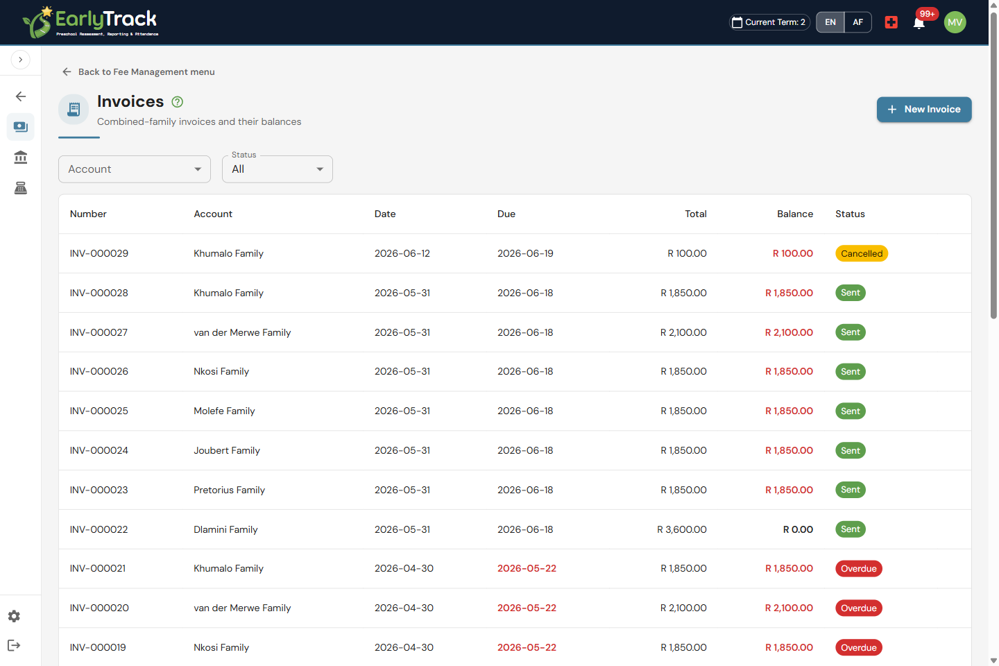 EarlyTrack fee management showing family invoices, payments and outstanding balances for a South African preschool