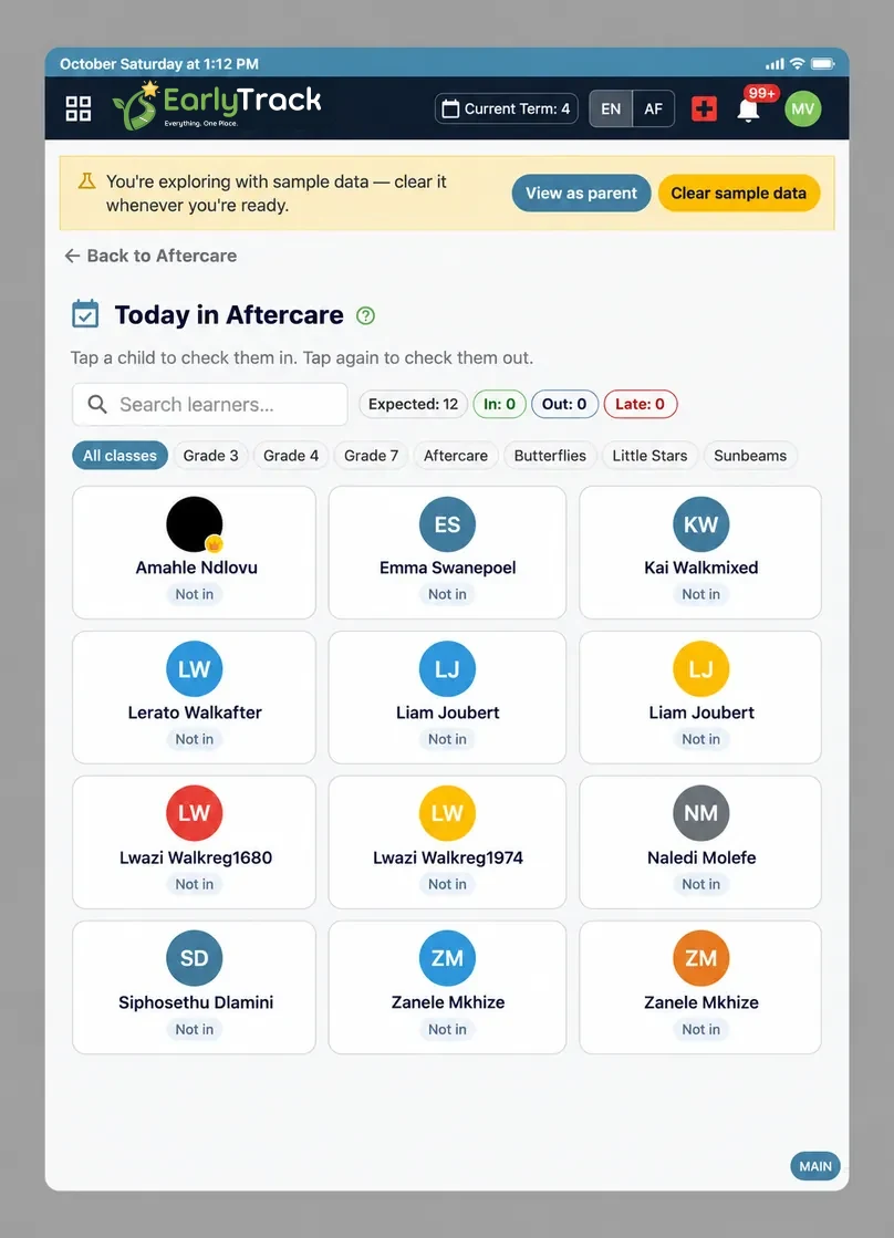 EarlyTrack aftercare check-in screen showing the live afternoon register of children present, in, out and late for a South African after-school care centre