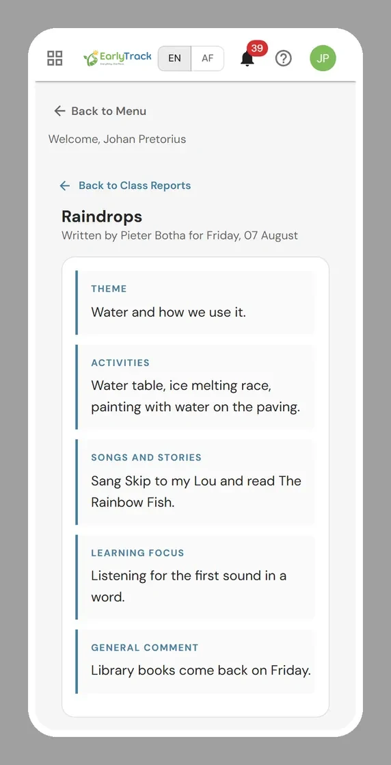 EarlyTrack class report as a parent reads it, showing the theme, activities, songs and stories, learning focus and the early learning and development areas for a preschool class