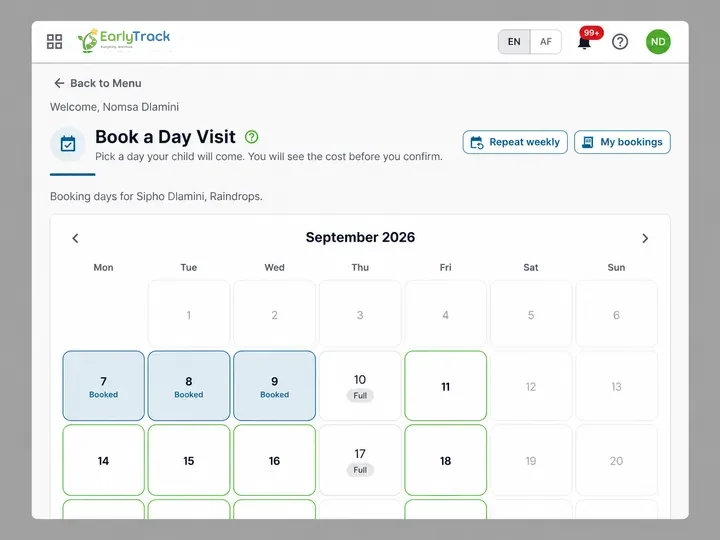 A parent booking a single day at a South African preschool in the EarlyTrack parent portal, with the price for that day shown before confirming
