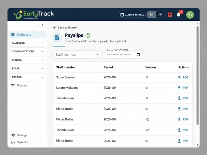 EarlyTrack preschool payroll showing generated payslips with PAYE and UIF and SARS-compliant figures