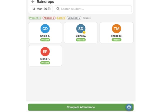 EarlyTrack digital attendance register showing student presence status with colour-coded avatars and daily class overview