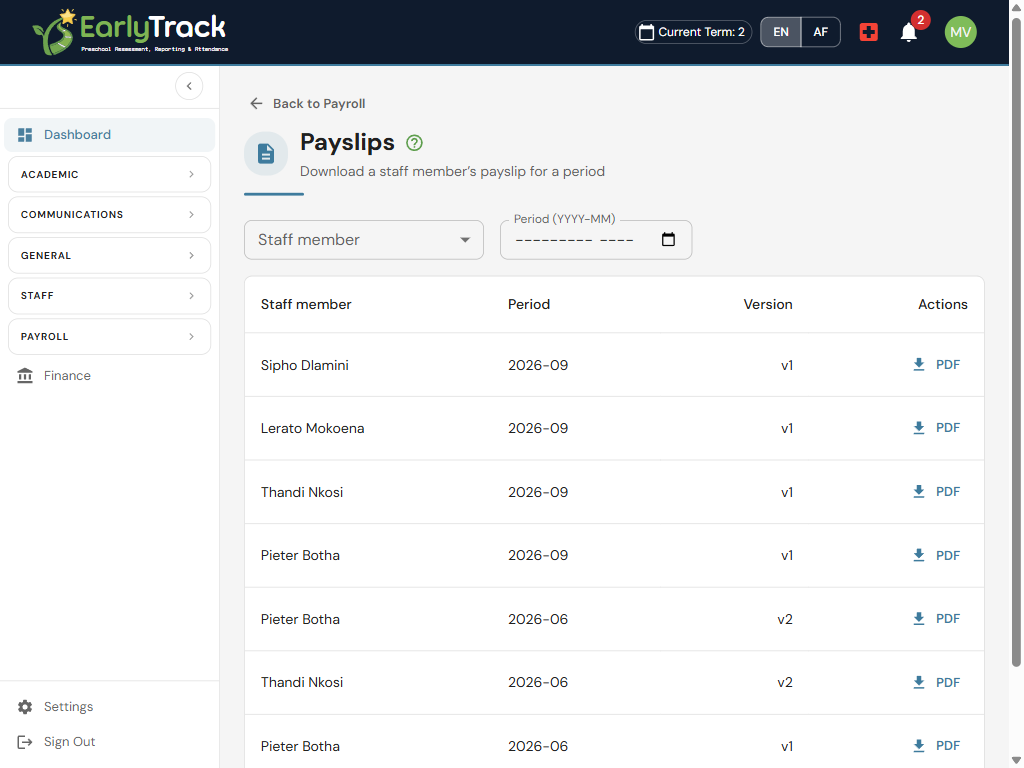 EarlyTrack preschool payroll showing generated payslips with PAYE and UIF and SARS-compliant figures